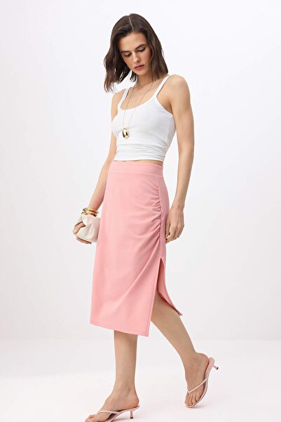 Trendyol Collection Pink Straight Pencil Slit Normal Waist Midi Scuba Crepe K...