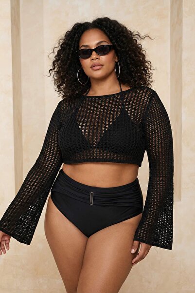 Trendyol Curve Μαύρο ψηλόμεσο μπικίνι σε μεγάλο μέγεθος με χρυσά αξεσουάρ TBB...