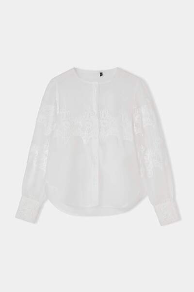 ترينديول كوليكشن قميص أبيض شفاف خفيف مزين بالتطريز TWOSS26GO00050