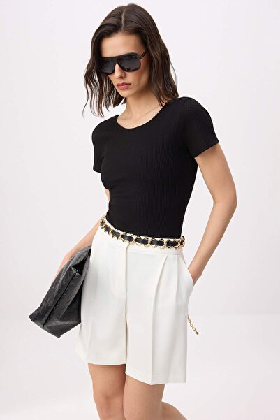 Trendyol Collection Black Bodycon Short Sleeve Snap Fastener Corded Fabric St...