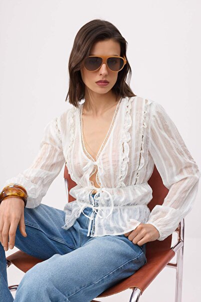 Trendyol Collection Cămașă albă pisică Merdivenli ușor transparent Boho TWOSS...