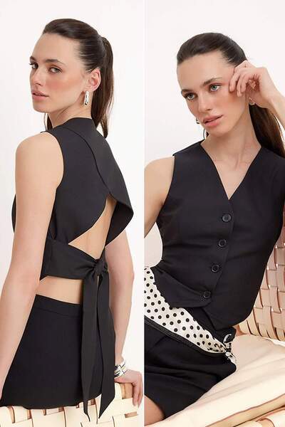 Trendyol Collection Black Fitted Vest with Tie Detail on the Back Twoss26Ye00025