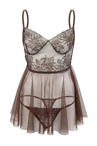 ترينديول كوليكشن قميص نوم فاخر بدون غطاء من الدانتيل/التول باللون البني/بيبي ...