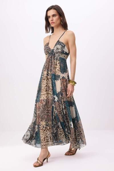 Συλλογή Trendyol Πολύχρωμο υφαντό φόρεμα μάξι με σχέδιο σάλι TWOSS26EL00761