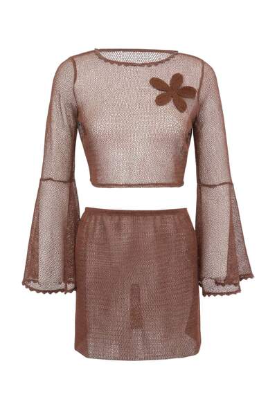 Trendyol Collection Καφέ πλεκτό σετ μπλούζας και φούστας παραλίας με λουλουδά...