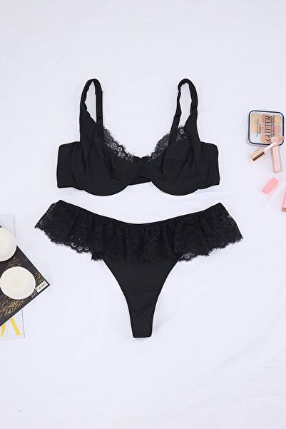 Trendyol Curve Black Micro Frilly Lace Covered Strapless Knitted Underwear Se...