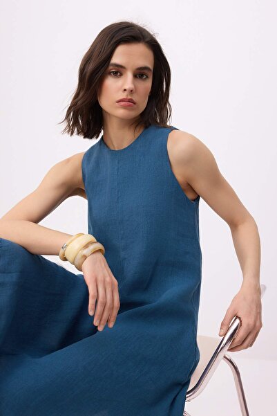 Trendyol Collection Indigo 100% Linen Mini Pocket Woven Dress Twoss26El00763