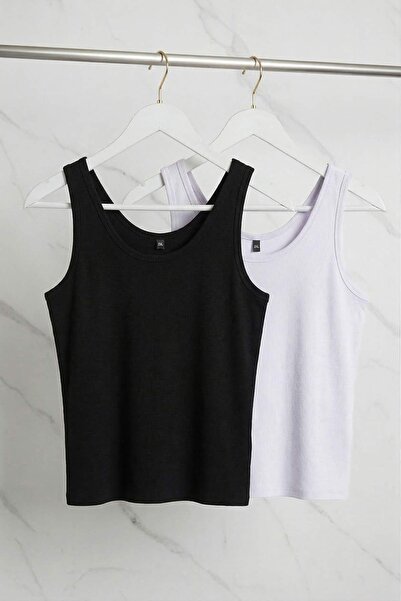 Trendyol Curve Black-White Basic Pool Collar 2-Pack Camisole Knitted Plus Siz...