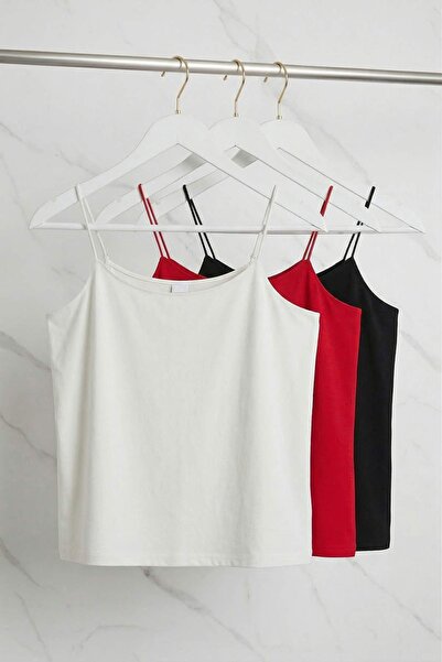Trendyol Curve Red, Ecru, Black 3-Pack Thin Strap Crop Plus Size Undershirt T...