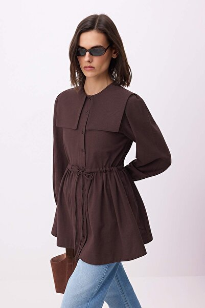 Trendyol Modest Brown Waist Detailed Flared Cotton Shirt Tctss26Tg00036