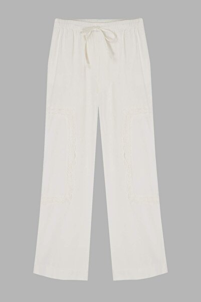 Trendyol Collection White Gabardine Cotton Lace Detailed Elastic Wide Leg Pan...