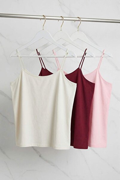 Trendyol Curve Burgundy, Ecru, Powder 3-Pack Thin Strap Crop Plus Size Unders...