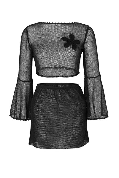 Trendyol Collection Μαύρο πλεκτό σετ φούστας μπλούζας παραλίας με λουλουδάτες...