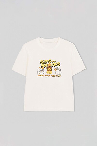 TRENDYOLKIDS Ecru Printed Knitted T-Shirt Tkdss26Ts00065