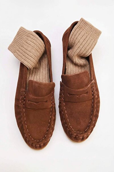 TRENDYOL SHOES Brauner, weicher Damen-Mokassin/Loafer aus echtem Wildleder TA...