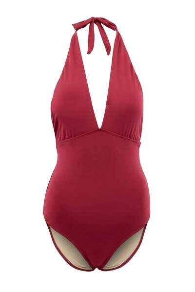 ترينديول كوليكشن ملابس سباحة أساسية عادية بلون أحمر داكن وياقة على شكل حرف V ...