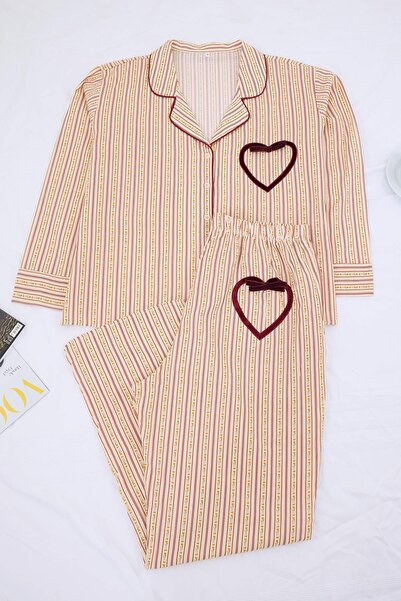 Trendyol Curve Burgundy-Multicolor Heart Pocket Woven Plus Size Pajama Set Tb...