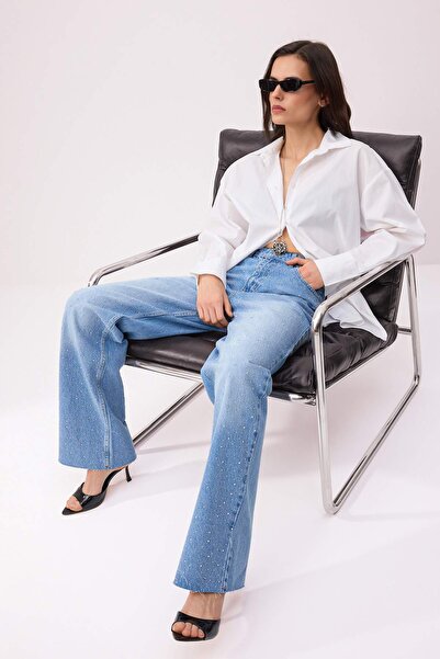 Trendyol Collection Blue Stone Detailed High Waist Wide Leg Jeans Twoss26Je00289