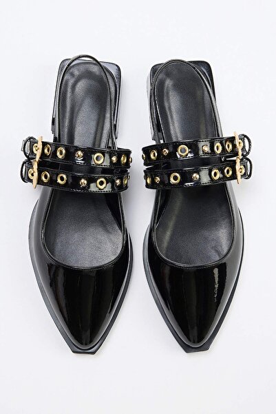 TRENDYOL SHOES حذاء باليرينا نسائي من الجلد الأسود اللامع بشريط مزدوج للمراهق...