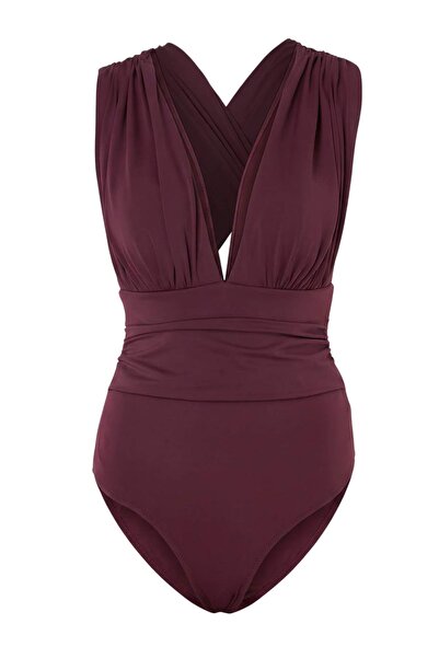 Trendyol Collection Plum Draped Leather N V-Neck Covered Regular Swimsuit Tbe...