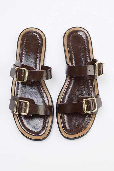 TRENDYOL SHOES Curea dublă maro închis pentru femei papuci TAKSS26TE00029