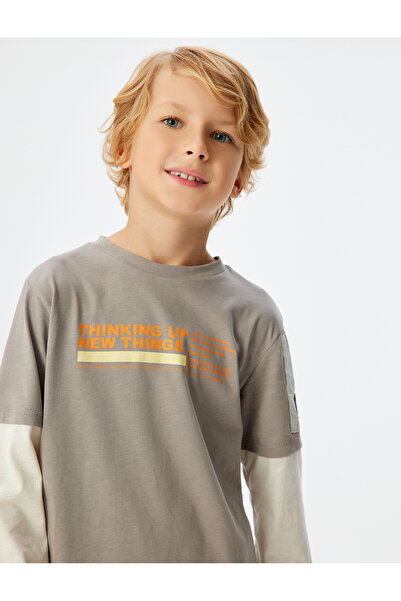 Koton Langärmliges Baumwoll-T-Shirt mit Rundhalsausschnitt und Slogan-Aufdruck