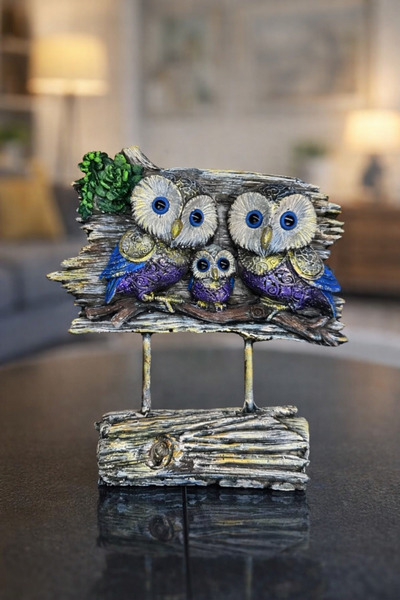 AYCEM Polyester El Işi Baykuş Ailesi Biblo Heykel Ev Ofis Dekor Vitrin Süsü