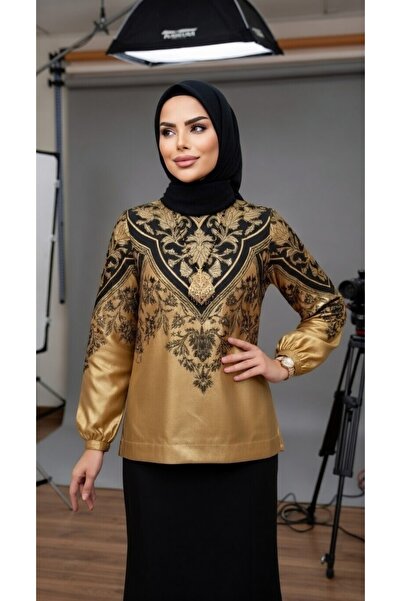 Muslima Wear Altın Siyah Yaprak Desenli Jasmine Bluz