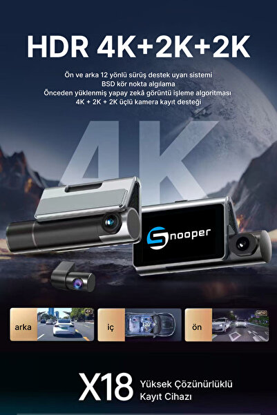 SNOOPER 4K+4K+4K 3 Kameralı Araç İçi Kamera WiFi ADAS Gece Görüşlü 3'' Dokunm...