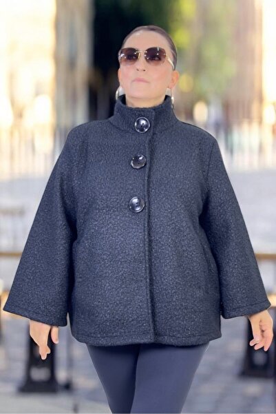 yagmurberen تفاصيل أزرار سميكة، ياقة أنيقة، بدون بطانة، مقاس كبير، موسمي، PEL...