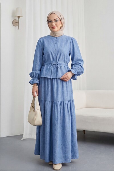 HİJABAYA Κουμπιά μπροστά, ελαστικό μανίκι, κορδόνια τούνελ, Λινό σετ