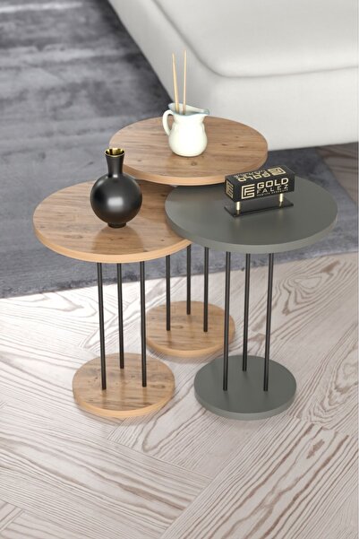 GOLDFALEZ Zigon Sehpa Terra 3 Lü Set Gordion Ceviz