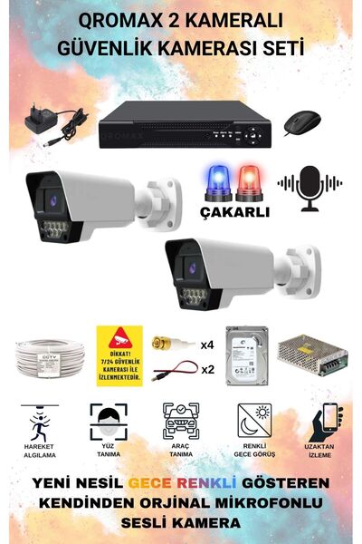 qromax 2 Kameralı Set - Yapay Zeka Özellikli Sesli Renkli 5Mp 9 Warm Ve Çakar...
