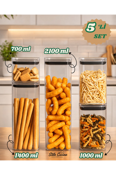 Stile Cucina Set of 5 Vacuum Sealed Square Food, Flour, Pulses Storage Contai...