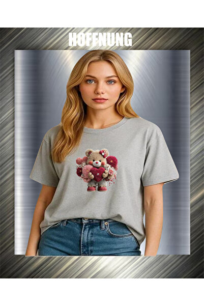 HOFFNUNG Unisex Short Sleeve Round Neck Love Bear Printed Solid Color Tshirt