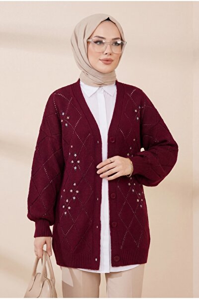 Modamorfo حياكة دانتيل سترة تريكو بأزرار مطرز - لون بورجوندي