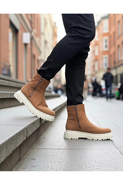 BOA Ba0777 Suede Tan Cream Sole Double Zipper Men's Half Ankle Boots