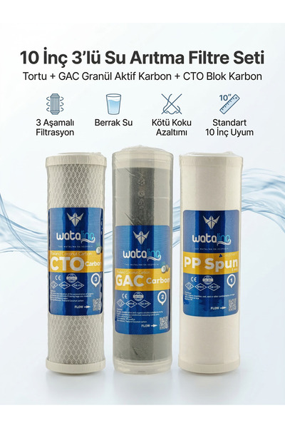 watalina 10 İnç 3'lü Su Arıtma Filtre Seti - Tortu, Granül Aktif Karbon (GAC)...