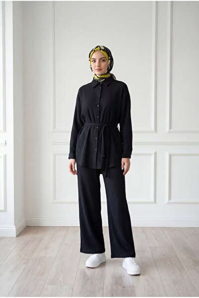 MİHRA STORE Yezra Kendinden Striped Pantolonlu Takım-Tn039 Black