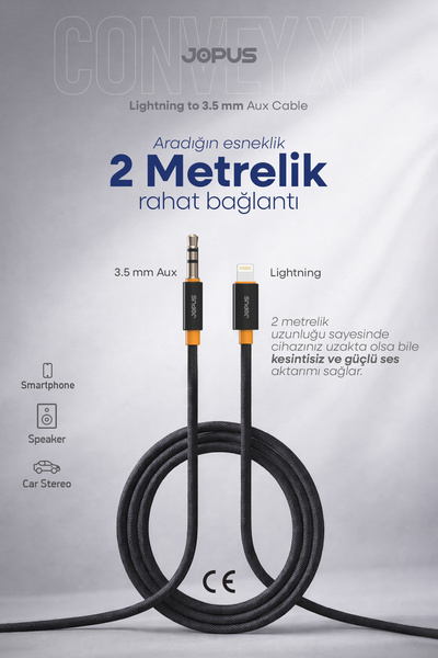 Jopus iPhone 7-8-X-11-12-13-14 Uyumlu Lightning 3.5mm Örgülü Aux Ses Kablosu ...