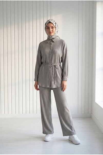 MİHRA STORE Yezra Kendinden Striped Pantolonlu Takım-Tn039 Stone