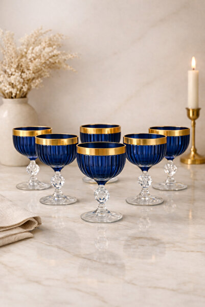 BOHEMİA CRYSTAL Kesme Ice Cream Bowl Set of 6 Navy Blue Matte Gilded 250 ml |...