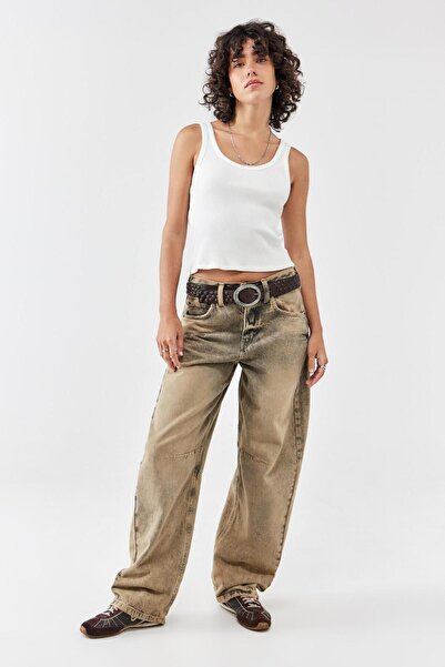 september island Vintage Distressed Detailed Baggy Sand Color Boyfriend Baggy...