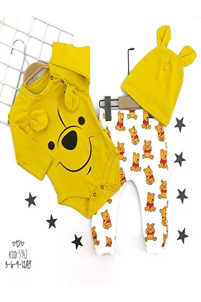 DENİZCİK 3-6-9-12 Ay Kulaklı Şapka Ayıcık Desenli Zıbınlı 3lü Kız Erkek Bebek...