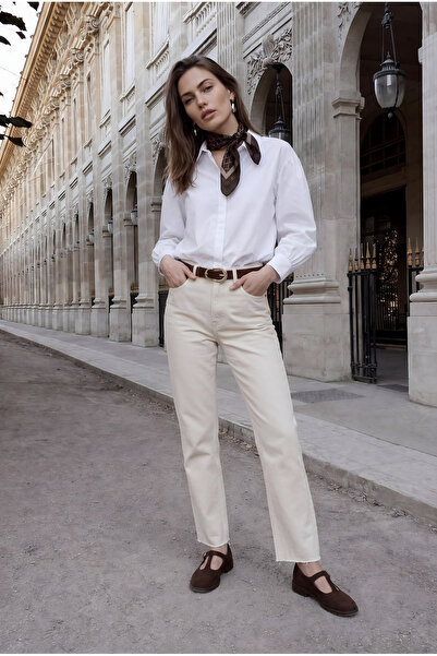 CEEMODA pantaloni blugi drepți talie înaltă tiv nefinisat denim bumbac 100%