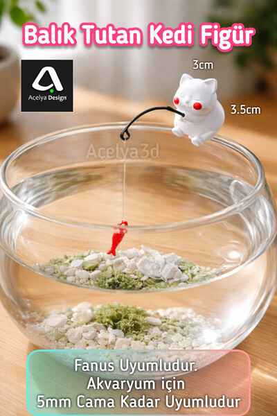 açelya3d Olta ile Balık Tutan Kedi Figürü - Akvaryum Dekoru - Fanus Dekor - T...
