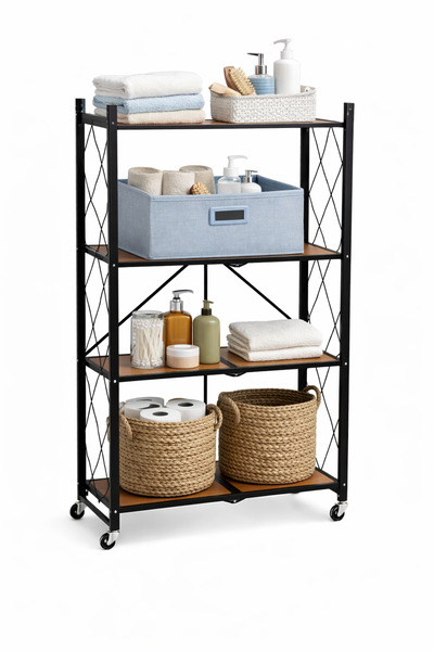 OEM Luxe Industrial Shelf with Wheels, Black Metal and Wood – Elegant Organiz...