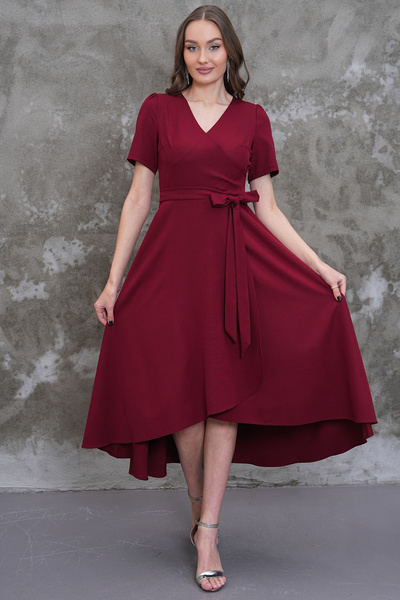 MAG FASHİON Κοντομάνικο μπορντό φόρεμα με ασύμμετρη κοπή, κοντό μπροστά και μ...
