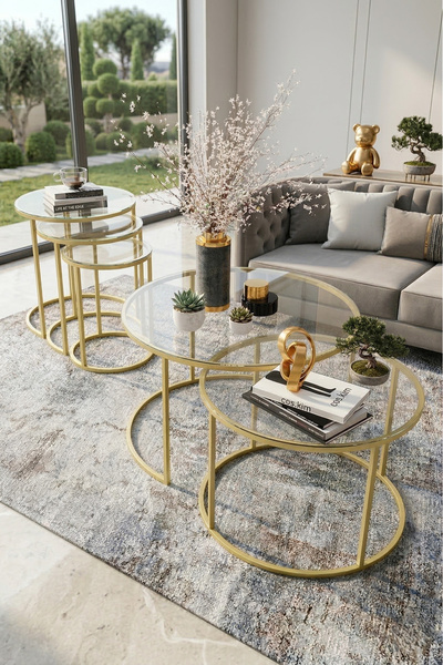 Cos.kim Milas Orta Ve Zigon Sehpa Seti (Ø60-47) Mat Gold Metal, Temperli Şeff...