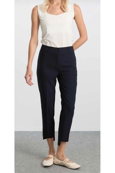 Heyya Women's Narrow Leg Fabric Trousers with Zipper at the Hem, Navy Blue